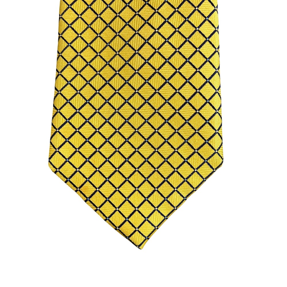 IZOD Mens Yellow Navy Blue Grid Diamond Pattern 100% Silk Necktie